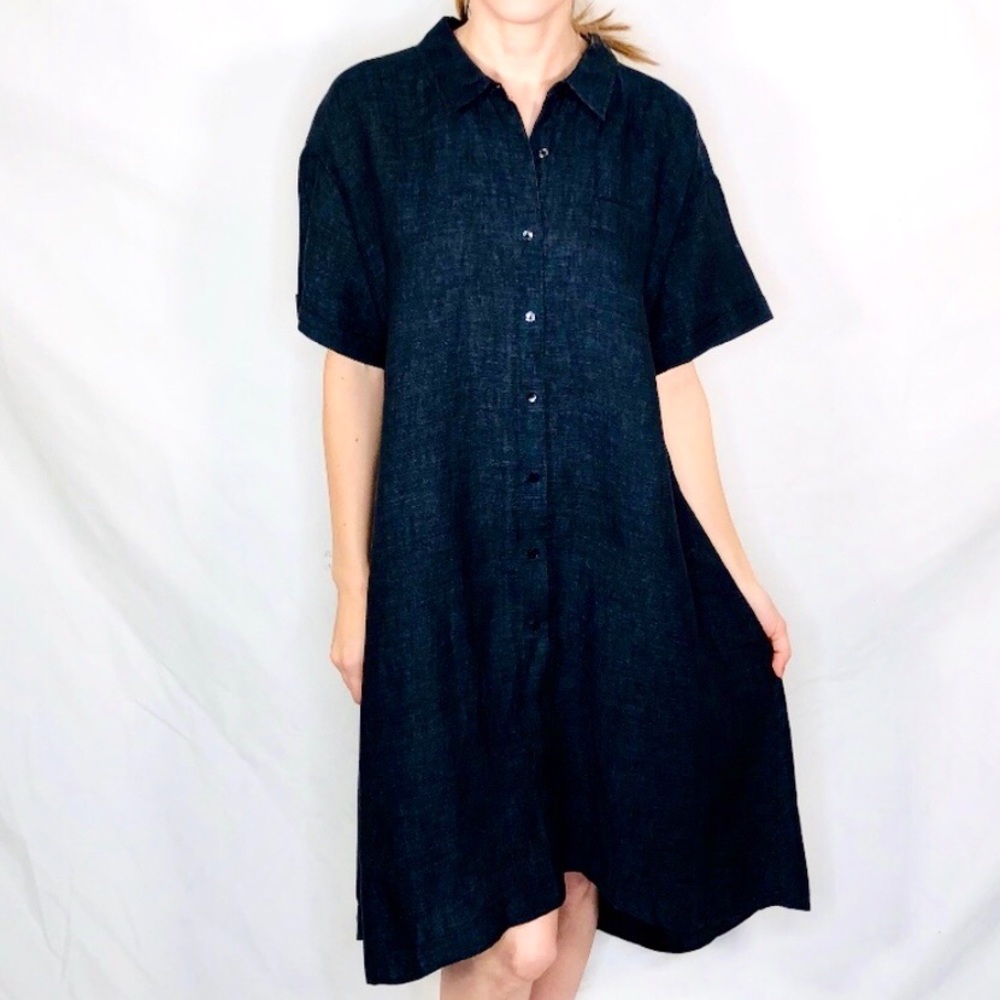 Eileen Fisher GREEN line 100% Linen Dress Blue L